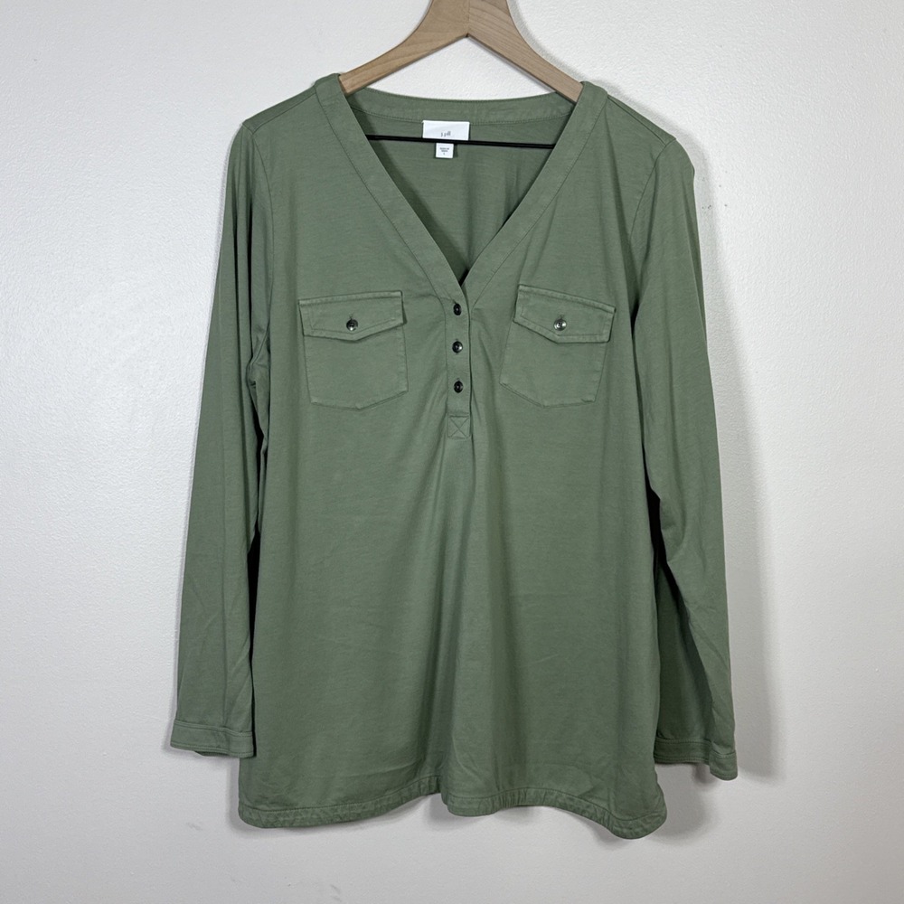 J. Jill Women Henley Top Large Green Long Sleeve V-Neck Utility Pockets Cotton
